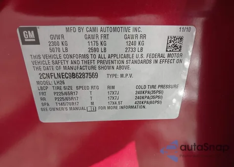 2011 Chevrolet Equinox 2Lt from USA, damaged, VIN 2CNFLNEC9B6287569